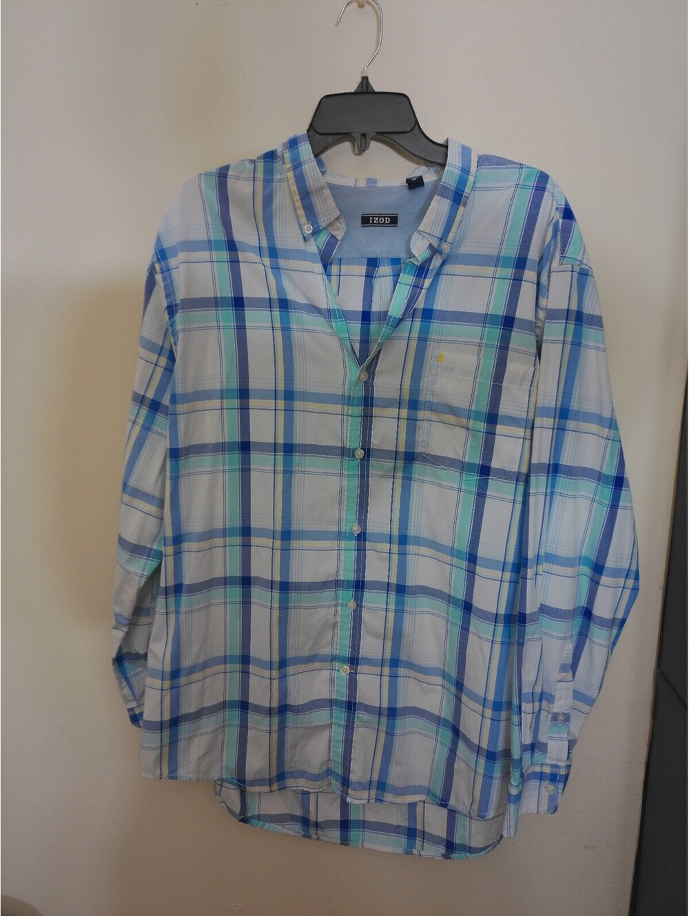 IZOD Long Sleeve Button Down Shirt Mens Blue White Plaid Size XL Casual